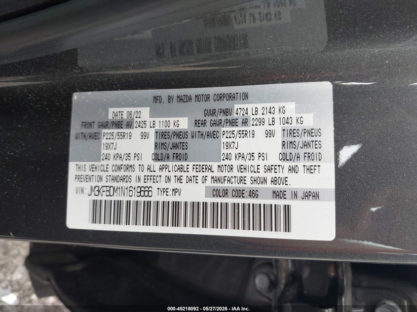2022 Mazda Cx-5 VIN JM3KFBDM1N1619666 IAAI salvage auction — LEFT FRONT, Salvage Title, sold $6,200 on 2026-07-24 (photo 9)