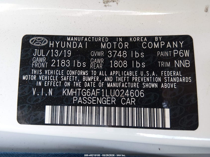 2020 Hyundai Veloster VIN KMHTG6AF1LU024606 IAAI salvage auction — HAIL, Original (Texas), sold $2,750 on 2026-07-14 (photo 9)