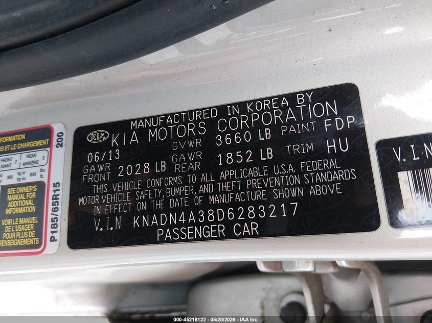 2013 Kia Rio VIN KNADN4A38D6283217 IAAI salvage auction — FRONT END, Salvage Title, sold $250 on 2026-07-17 (photo 9)