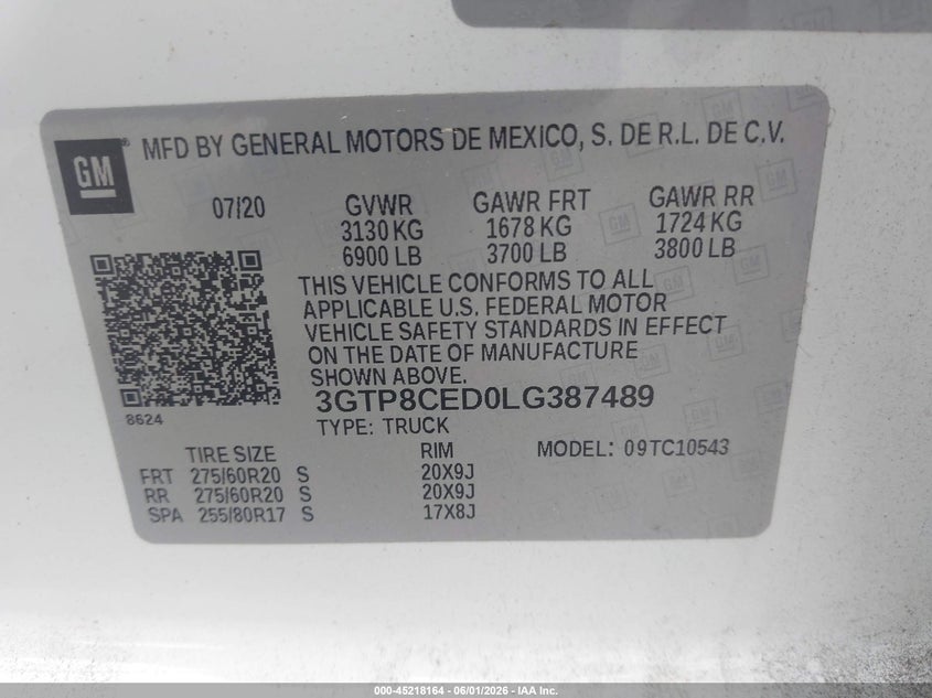 2020 Gmc SIERRA VIN 3GTP8CED0LG387489 IAAI salvage auction — FRONT END, Salvage Title, sold $9,200 on 2026-07-10 (photo 9)