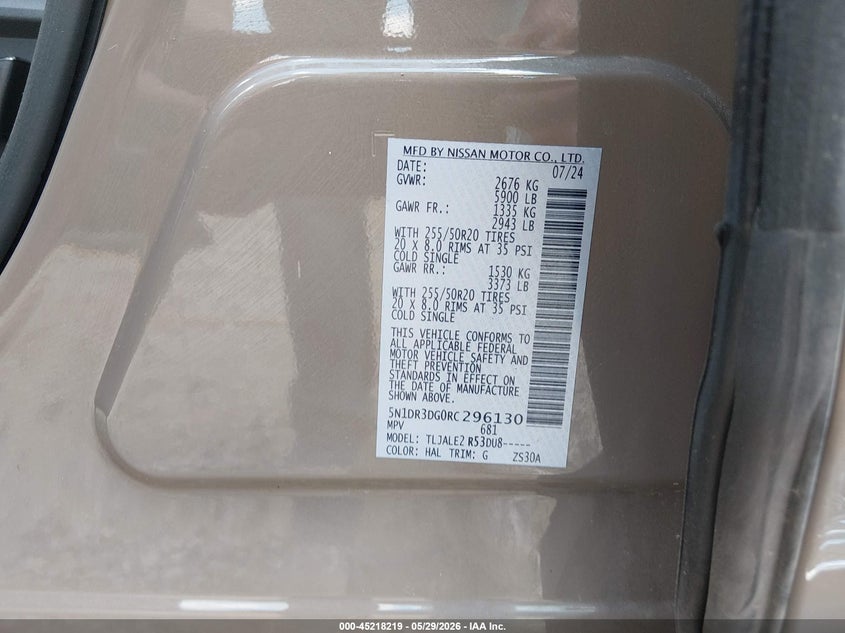 2024 Nissan Pathfinder VIN 5N1DR3DG0RC296130 IAAI salvage auction — HAIL, Salvage Title, sold $13,300 on 2026-07-23 (photo 9)