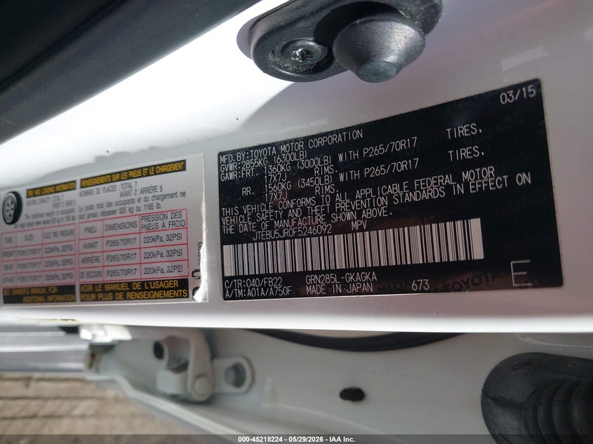 2015 Toyota 4runner VIN JTEBU5JR0F5246092 IAAI salvage auction — FRONT END, Salvage (Massachusetts), sold $12,350 on 2026-07-17 (photo 9)
