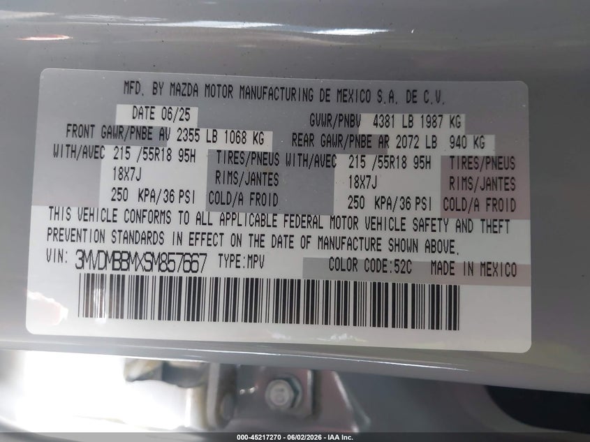 2025 Mazda Cx-30 VIN 3MVDMBBMXSM857667 IAAI salvage auction — FRONT END, Salvage Title, sold $8,300 on 2026-07-16 (photo 9)
