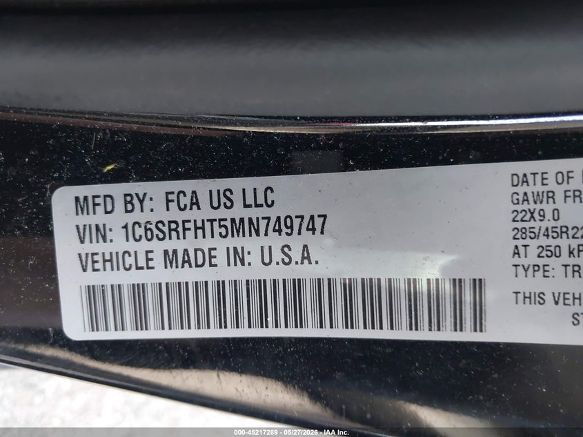 2021 Ram 1500 VIN 1C6SRFHT5MN749747 IAAI salvage auction — FRONT END, Salvage Title, sold $10,400 on 2026-07-27 (photo 9)