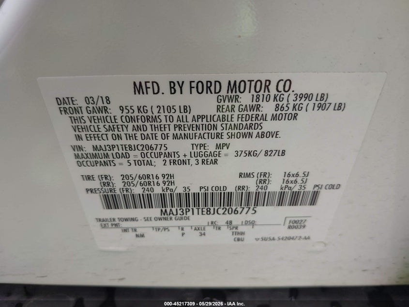 2018 Ford Ecosport VIN MAJ3P1TE8JC206775 IAAI salvage auction — FRONT END, Salvage Title, sold $1,325 on 2026-07-22 (photo 9)