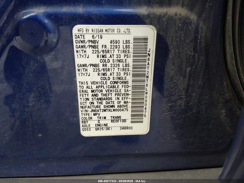 2020 Nissan Rogue VIN JN8AT2MTXLW000475 IAAI salvage auction — HAIL, Clear (Missouri), sold $1,700 on 2026-07-28 (photo 9)