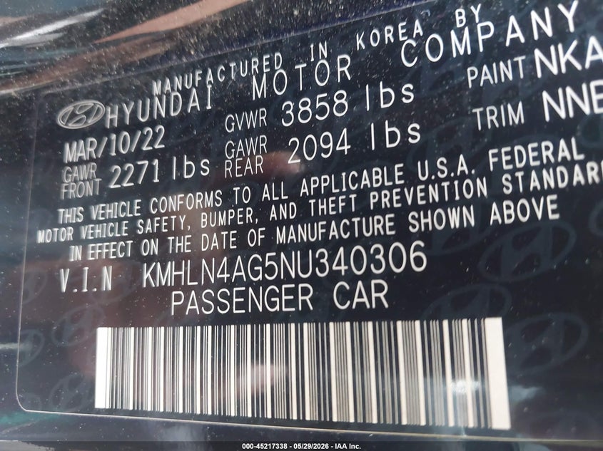 2022 Hyundai Elantra VIN KMHLN4AG5NU340306 IAAI salvage auction — HAIL, Salvage Title, sold $3,900 on 2026-07-22 (photo 9)