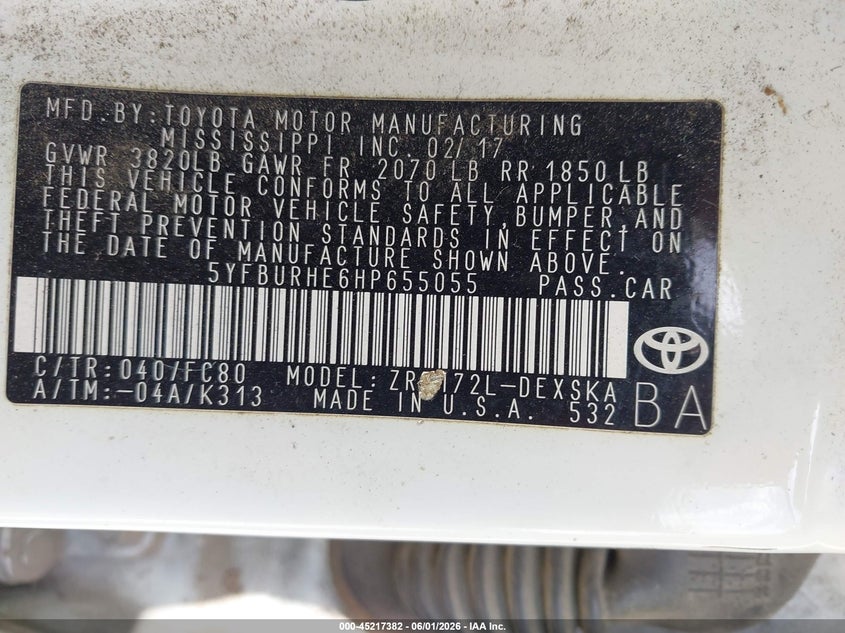2017 Toyota Corolla VIN 5YFBURHE6HP655055 IAAI salvage auction — BIO HAZARD, Salvage Title, sold $25 on 2026-07-28 (photo 9)