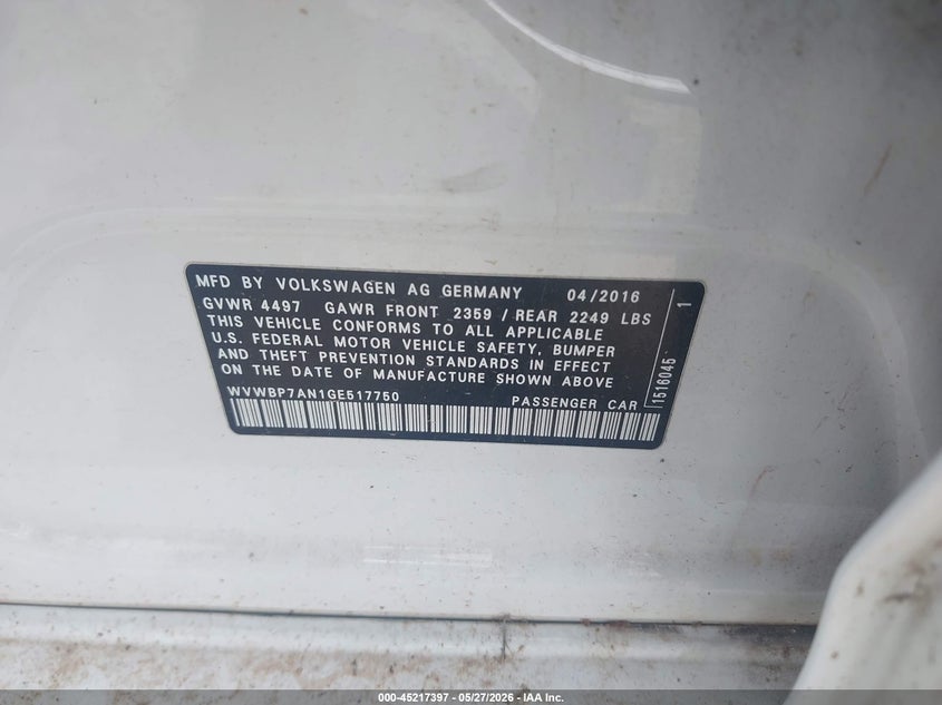 2016 Volkswagen Passat cc VIN WVWBP7AN1GE517750 IAAI salvage auction — NORMAL WEAR, Clear (Georgia), sold $400 on 2026-07-14 (photo 9)
