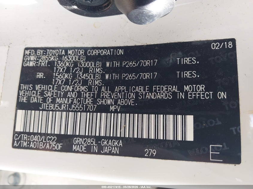 2018 Toyota 4runner VIN JTEBU5JR1J5551707 IAAI salvage auction — FRONT END, Salvage (Georgia), sold $12,100 on 2026-07-11 (photo 9)