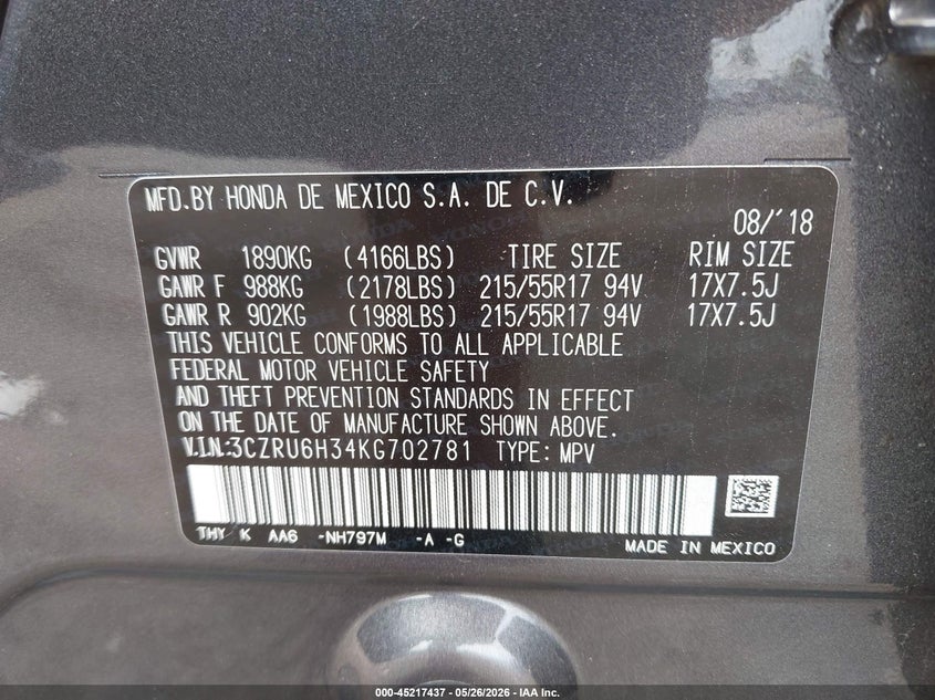 2019 Honda Hr-v VIN 3CZRU6H34KG702781 IAAI salvage auction — REAR END, Salvage Title, sold $3,200 on 2026-07-18 (photo 9)