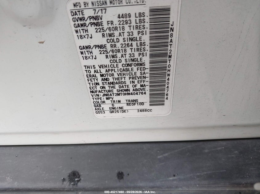 2017 Nissan Rogue VIN JN8AT2MT0HW404764 IAAI salvage auction — FRONT END, Salvage Title, sold $2,200 on 2026-07-21 (photo 9)