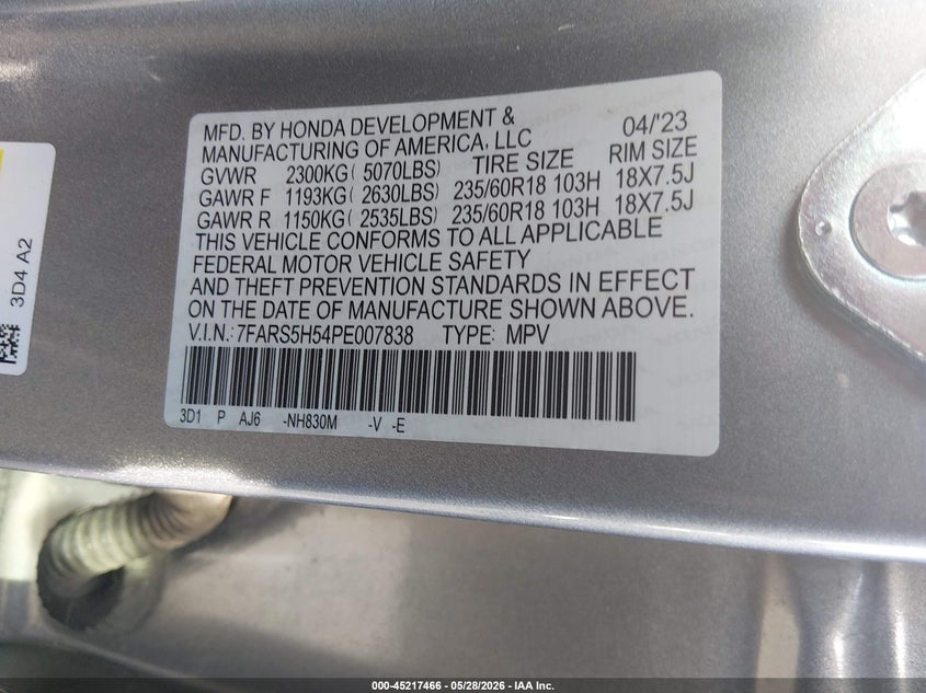 2023 Honda Cr-v VIN 7FARS5H54PE007838 IAAI salvage auction — FRONT END, Salvage Title, sold $8,800 on 2026-07-22 (photo 9)
