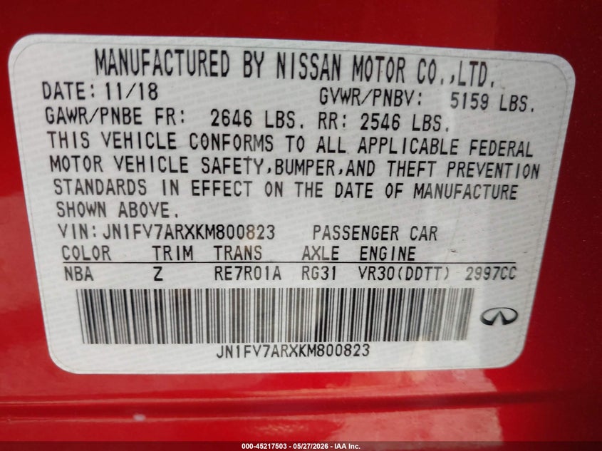 2019 Infiniti Q50 VIN JN1FV7ARXKM800823 IAAI salvage auction — FRONT & REAR, Salvage - Greater Than 75% (Maryland), sold $2,650 on 2026-07-28 (photo 9)