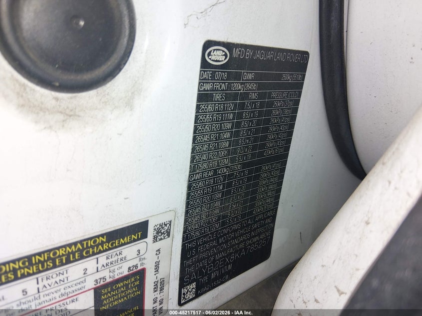 2019 Land rover Range rover velar VIN SALYB2EX8KA785257 IAAI salvage auction — HAIL, Clear (Missouri), sold $2,050 on 2026-07-27 (photo 9)