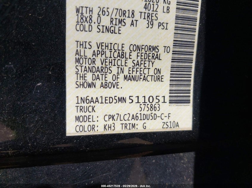 2021 Nissan TITAN VIN 1N6AA1ED5MN511051 IAAI salvage auction — REAR END, Wait Title, sold $9,875 on 2026-09-03 (photo 9)
