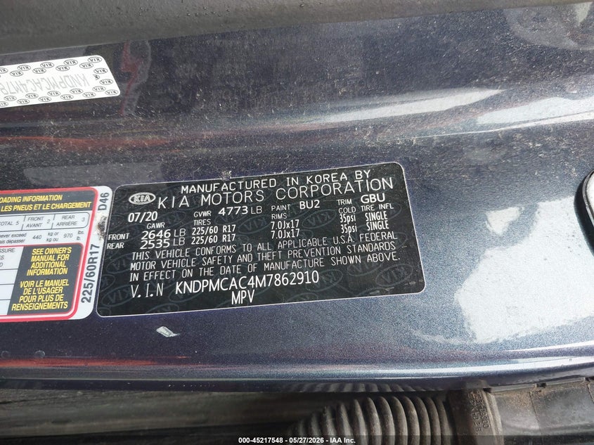 2021 Kia Sportage VIN KNDPMCAC4M7862910 IAAI salvage auction — FRONT END, Salvage Title, sold $4,850 on 2026-07-10 (photo 9)