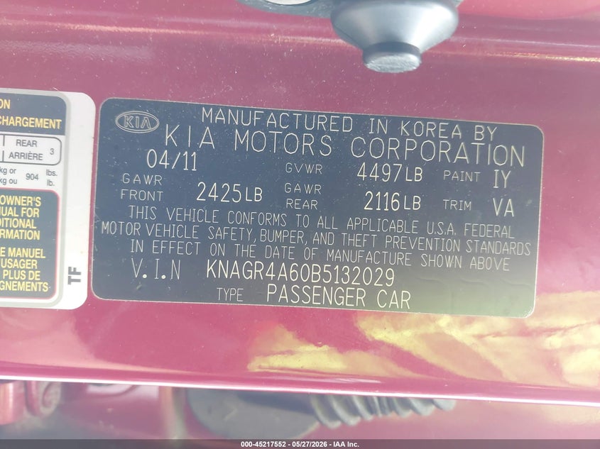 2011 Kia Optima VIN KNAGR4A60B5132029 IAAI salvage auction — NORMAL WEAR, Clear (Montana), sold $475 on 2026-07-29 (photo 9)