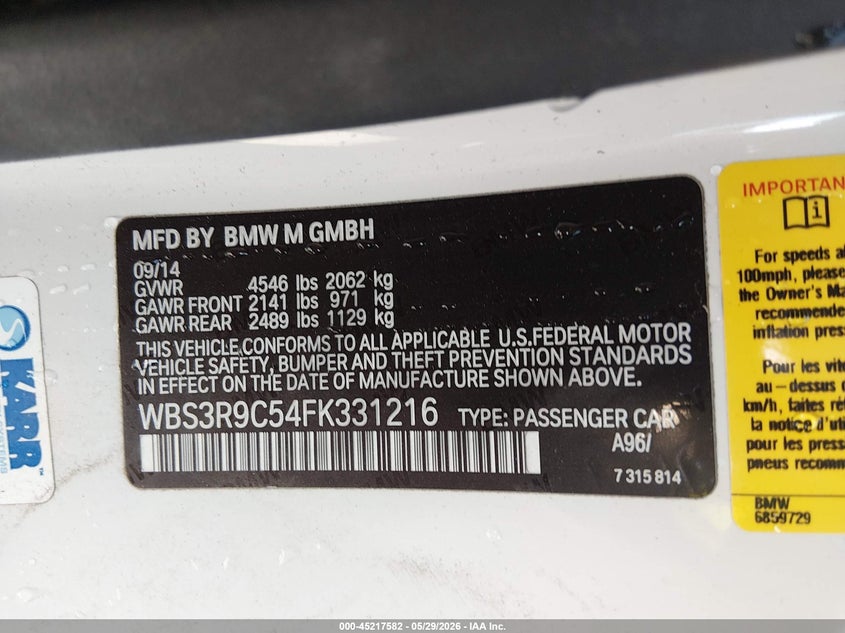 2015 BMW M4 VIN WBS3R9C54FK331216 IAAI salvage auction — SIDE, Salvage Title, sold $13,025 on 2026-07-21 (photo 9)