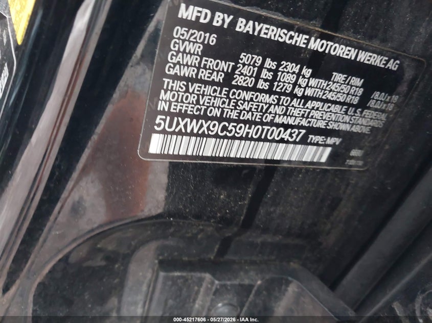 2017 BMW X3 VIN 5UXWX9C59H0T00437 IAAI salvage auction — REAR END, Salvage Title, sold $3,450 on 2026-07-08 (photo 9)