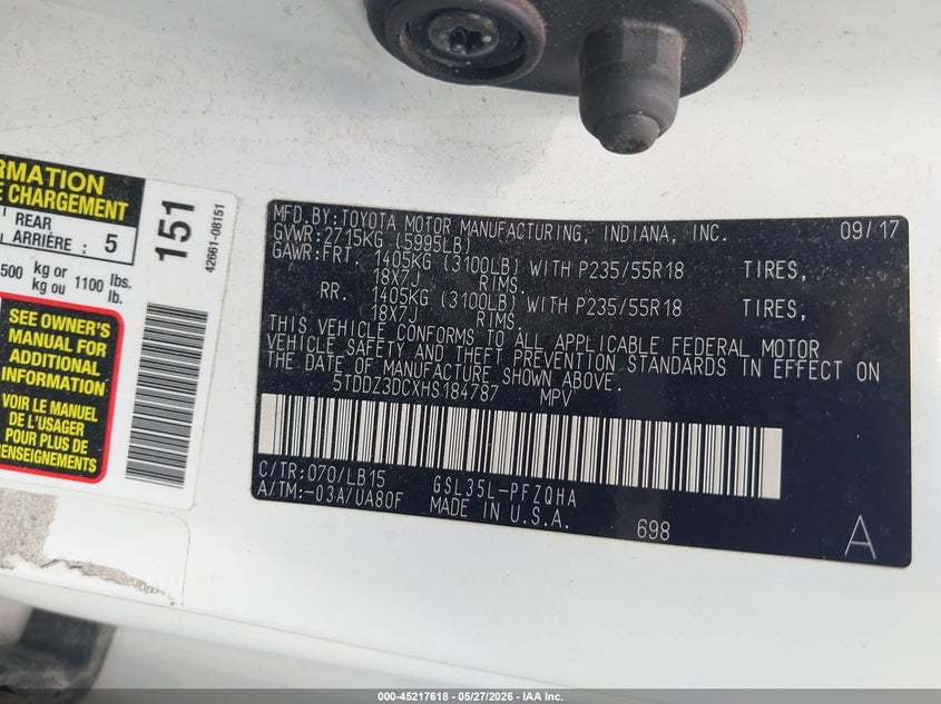 2017 Toyota Sienna VIN 5TDDZ3DCXHS184787 IAAI salvage auction — FRONT & REAR, Salvage (Ohio), sold $1,800 on 2026-07-28 (photo 9)