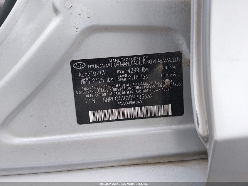 2013 Hyundai Sonata VIN 5NPEC4AC1DH793332 IAAI salvage auction — RIGHT SIDE, Salvage Title, sold $400 on 2026-07-08 (photo 9)
