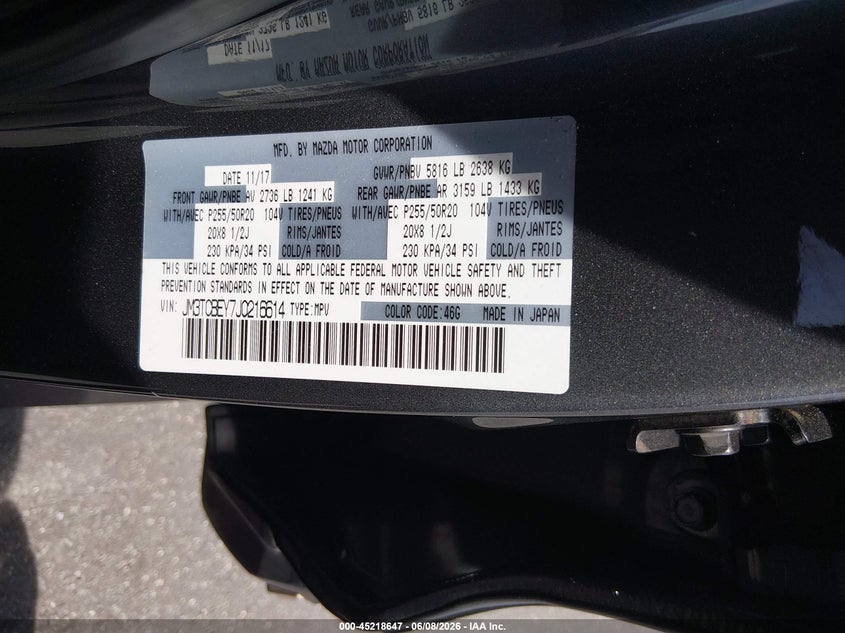 2018 Mazda Cx-9 VIN JM3TCBEY7J0216614 IAAI salvage auction — ENGINE BURN, Salvage Title, sold $4,350 on 2026-07-20 (photo 9)