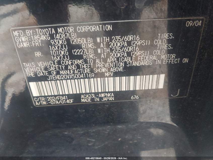 2005 Toyota Rav4 VIN JTEHD20VX50041169 IAAI salvage auction — NORMAL WEAR, Clear (New York), sold $500 on 2026-07-14 (photo 9)