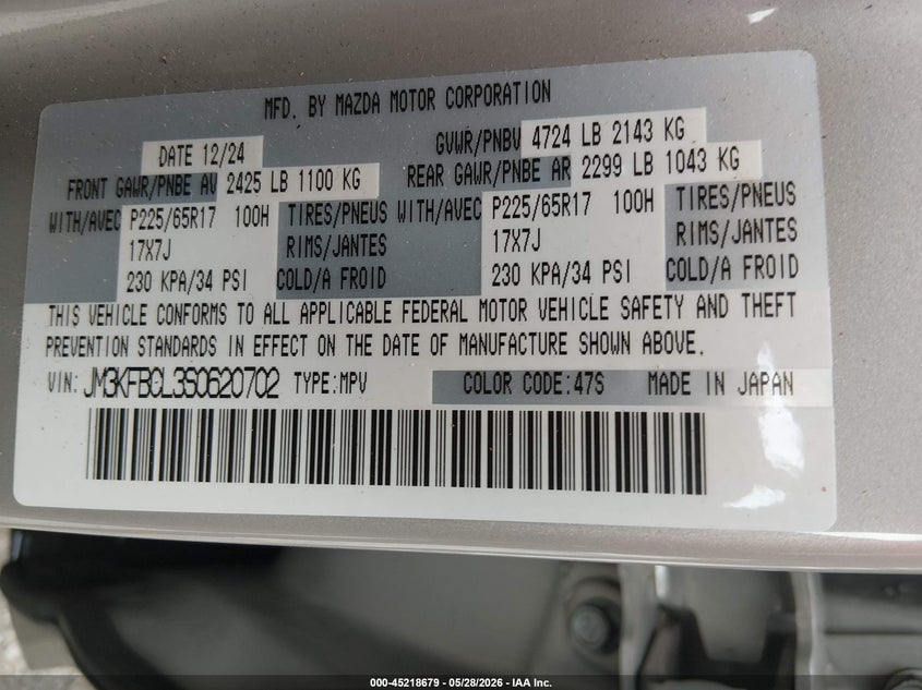 2025 Mazda Cx-5 VIN JM3KFBCL3S0620702 IAAI salvage auction — FRONT END, Enterprise Vehicles Clear Only (Texas), sold $5,575 on 2026-07-29 (photo 9)