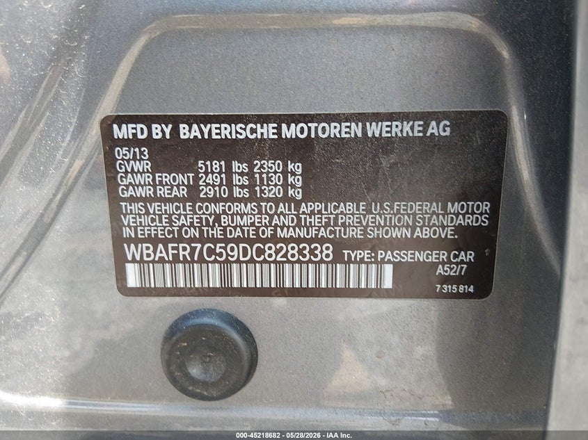 2013 BMW 5er VIN WBAFR7C59DC828338 IAAI salvage auction — FRONT END, Salvage (South Carolina), sold $1,100 on 2026-07-14 (photo 9)