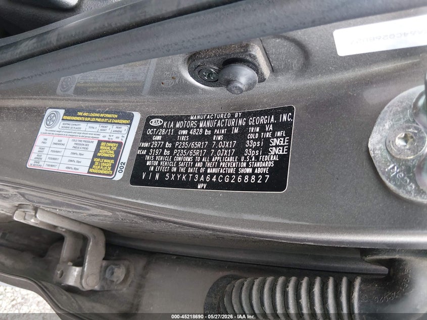 2012 Kia Sorento VIN 5XYKT3A64CG268827 IAAI salvage auction — FRONT END, Salvage (New Jersey), sold $25 on 2026-07-31 (photo 9)