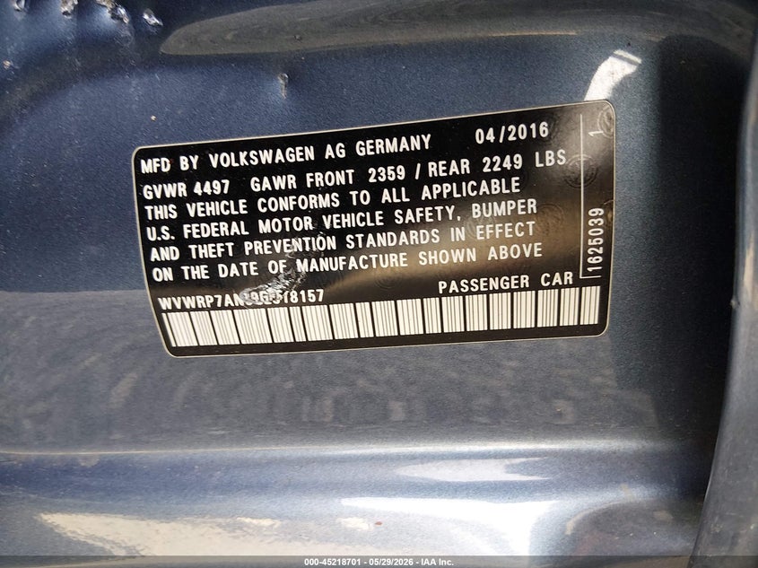 2016 Volkswagen Passat cc VIN WVWRP7AN9GE518157 IAAI salvage auction — LEFT SIDE, Salvage (South Carolina), sold $475 on 2026-07-28 (photo 9)