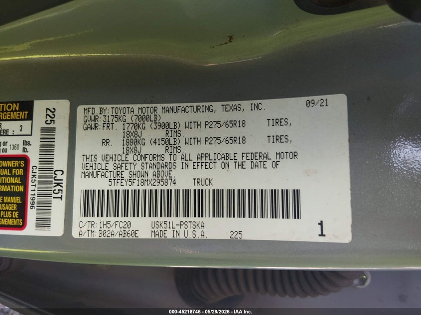 2021 Toyota Tundra VIN 5TFEY5F18MX295874 IAAI salvage auction — FRONT & REAR, Salvage (Arkansas), sold $10,100 on 2026-07-29 (photo 9)