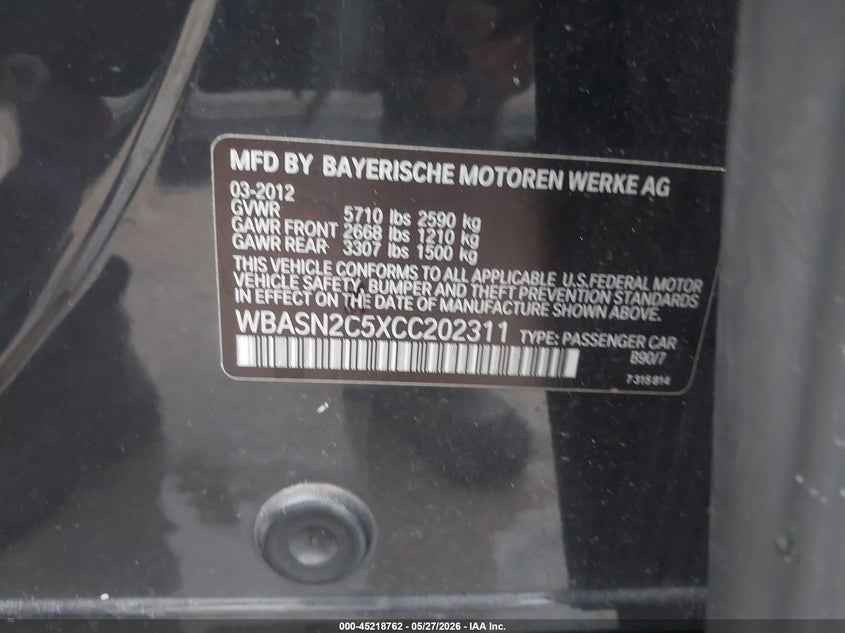 2012 BMW 5er VIN WBASN2C5XCC202311 IAAI salvage auction — NORMAL WEAR, Original (Texas), sold $925 on 2026-08-03 (photo 9)