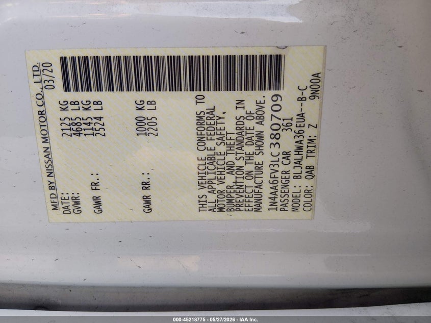 2020 Nissan Maxima VIN 1N4AA6FV3LC380709 IAAI salvage auction — SIDE, Salvage Title, sold $3,050 on 2026-07-12 (photo 9)