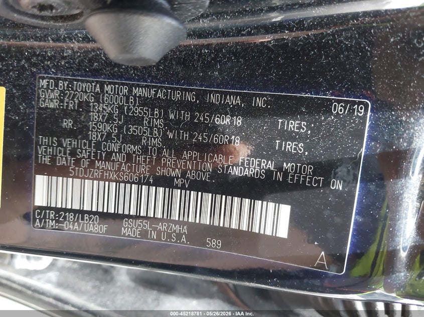 2019 Toyota Highlander VIN 5TDJZRFHXKS606174 IAAI salvage auction — FRONT END, Salvage Title, sold $6,500 on 2026-07-14 (photo 9)
