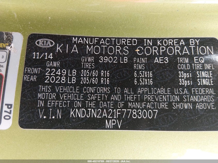 2015 Kia Soul VIN KNDJN2A21F7783007 IAAI salvage auction — FRONT END, Salvage Title, sold $875 on 2026-07-22 (photo 9)