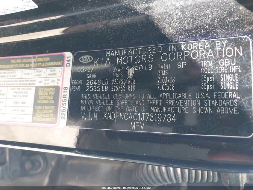 2018 Kia Sportage VIN KNDPNCAC1J7319734 IAAI salvage auction — FRONT END, Salvage Title, sold $3,100 on 2026-07-30 (photo 9)