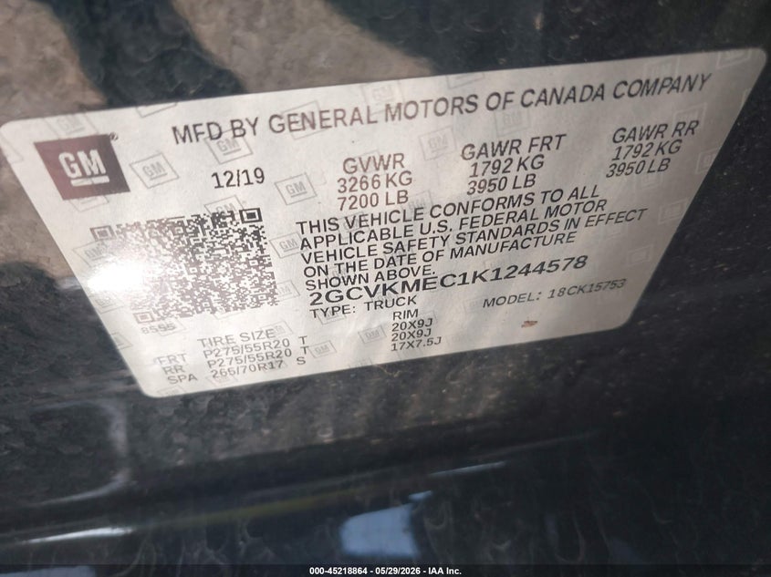 2019 Chevrolet Silverado VIN 2GCVKMEC1K1244578 IAAI salvage auction — FRONT END, Salvage (Indiana), sold $4,450 on 2026-07-20 (photo 9)