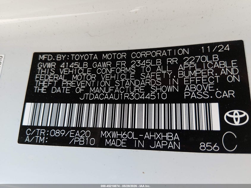 2024 Toyota Prius VIN JTDACAAU1R3044510 IAAI salvage auction — FRONT END, Salvage Title, sold $8,700 on 2026-07-10 (photo 9)