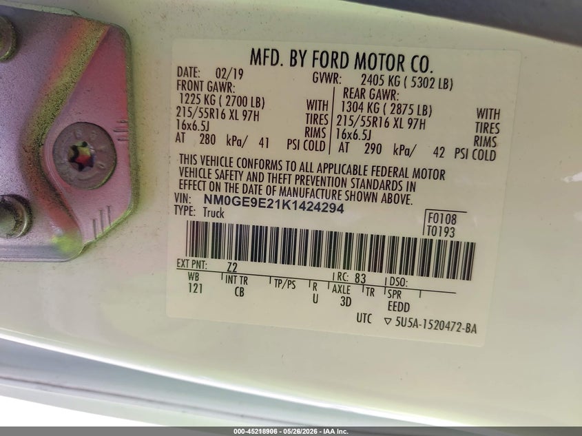 2019 Ford Transit connect VIN NM0GE9E21K1424294 IAAI salvage auction — NORMAL WEAR, Sf97 (Texas), sold $11,450 on 2026-07-07 (photo 9)