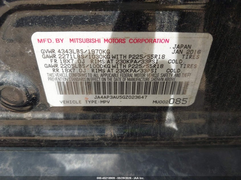 2016 Mitsubishi Outlander VIN JA4AP3AU5GZ023647 IAAI salvage auction — REPOSSESSION, Salvage Title, sold $1,800 on 2026-07-06 (photo 9)