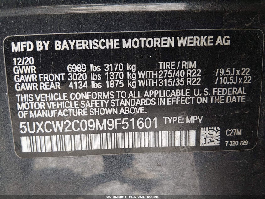 2021 BMW X7 VIN 5UXCW2C09M9F51601 IAAI salvage auction — SIDE, Salvage (Kentucky), sold $12,800 on 2026-07-20 (photo 9)