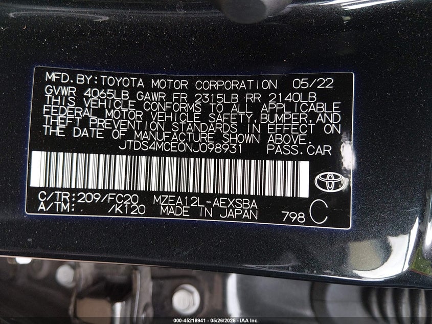 2022 Toyota Corolla VIN JTDS4MCE0NJ098931 IAAI salvage auction — LEFT FRONT, Salvage Title, sold $6,700 on 2026-07-06 (photo 9)