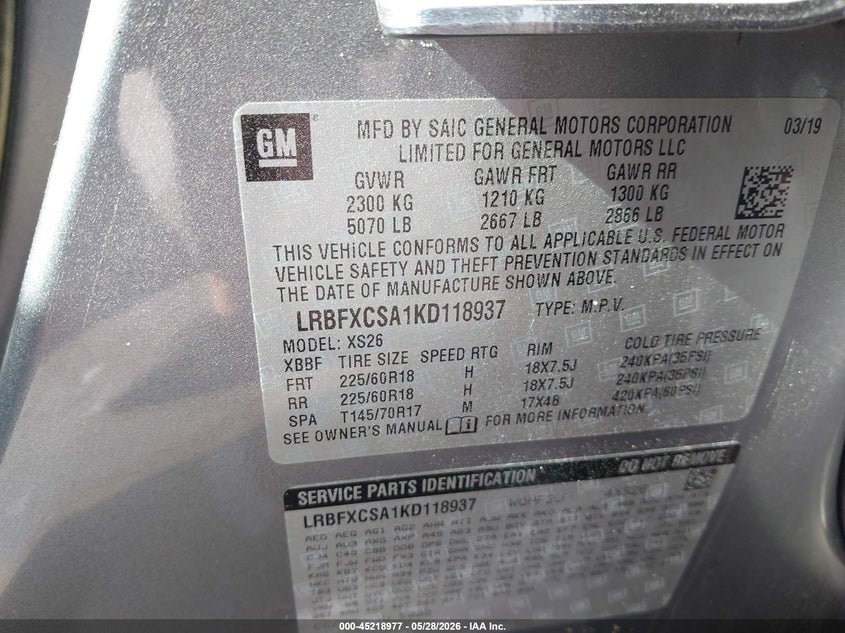 2019 Buick Envision VIN LRBFXCSA1KD118937 IAAI salvage auction — FRONT END, Salvage Title, sold $225 on 2026-07-15 (photo 9)