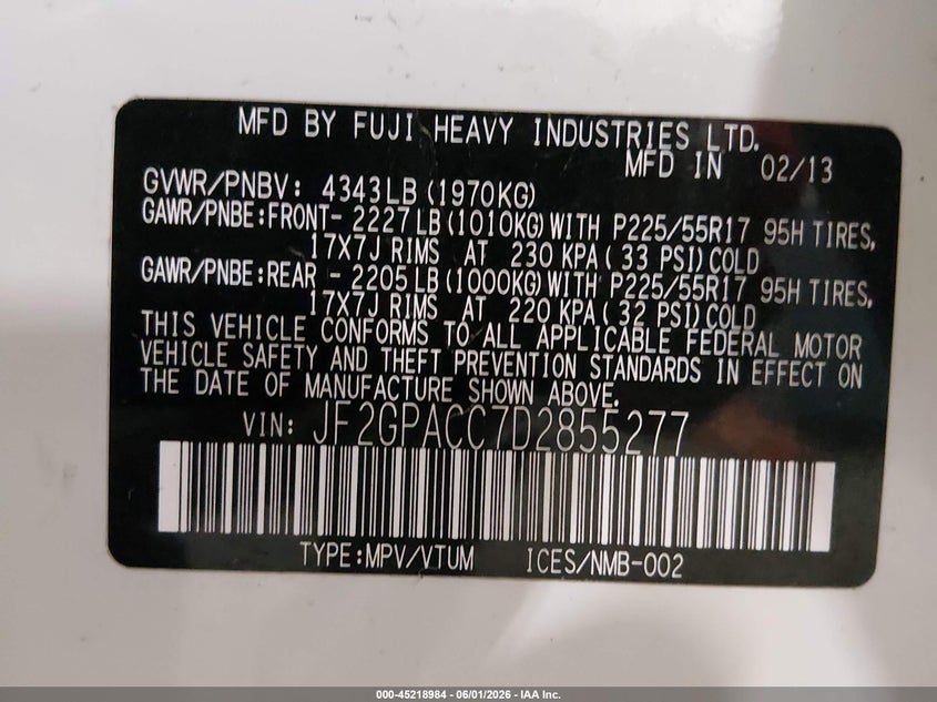 2013 Subaru Xv VIN JF2GPACC7D2855277 IAAI salvage auction — HAIL, Salvage (Iowa), sold $975 on 2026-07-07 (photo 9)