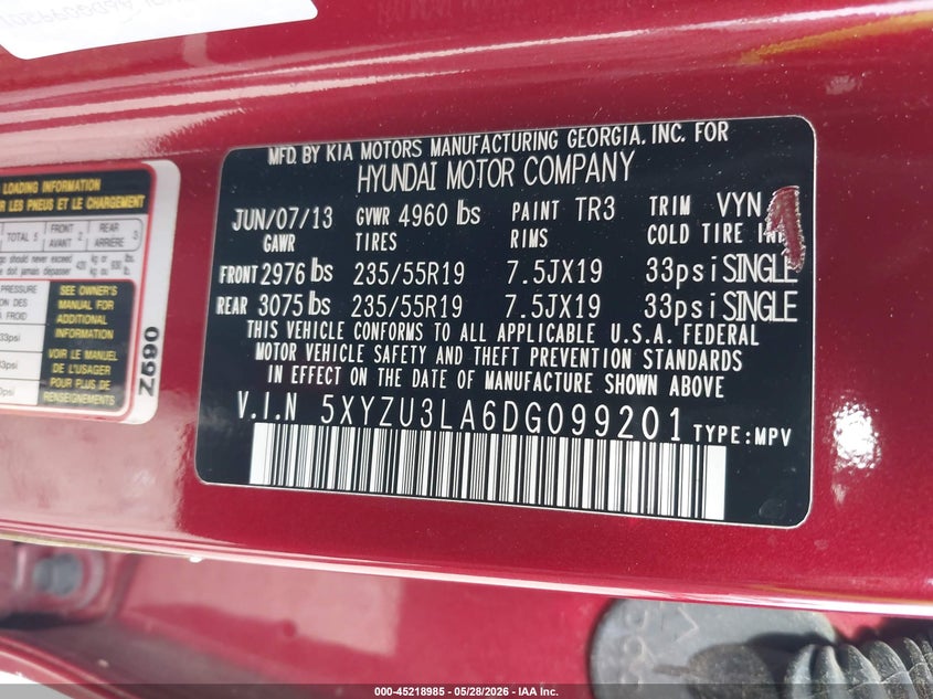 2013 Hyundai Santa fe VIN 5XYZU3LA6DG099201 IAAI salvage auction — NORMAL WEAR, Clear-Dealer Only (North Carolina), sold $1,750 on 2026-07-14 (photo 9)