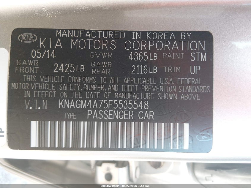 2015 Kia Optima VIN KNAGM4A75F5535548 IAAI salvage auction — REAR END, Salvage (Illinois), sold $375 on 2026-07-14 (photo 9)