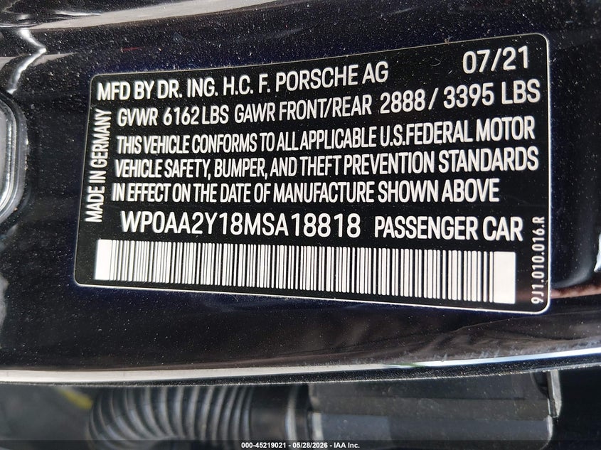 2021 Porsche Taycan VIN WP0AA2Y18MSA18818 IAAI salvage auction — FRONT END, Salvage Title, sold $23,100 on 2026-08-20 (photo 9)