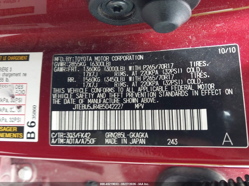 2011 Toyota 4runner VIN JTEBU5JR4B5042227 IAAI salvage auction — RIGHT SIDE, Clear (South Carolina), sold $3,000 on 2026-07-22 (photo 9)